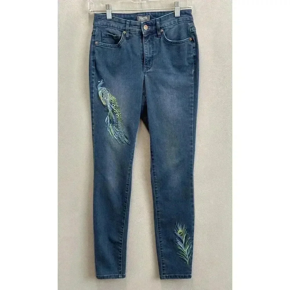 Martha‎ Stewart Jeans Women's Sz 0 Blue Peacock Embroidered High Rise Skinny